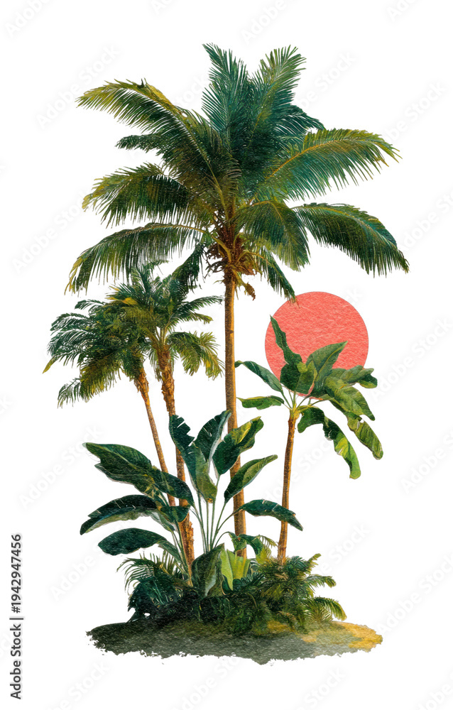 Obraz premium PNG Tropical palms with sun backdrop.