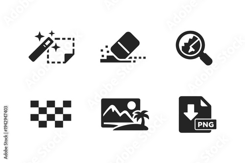 Collection of six simple black icons representing digital editing and file formats