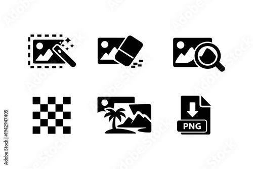 Collection of graphic design and editing icons including cropping, erasing, zooming, and file formats