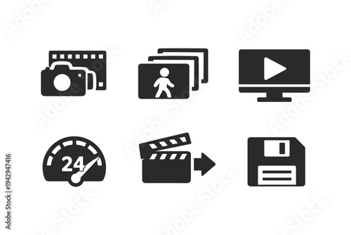 Collection of modern flat icons representing media, time, and data storage