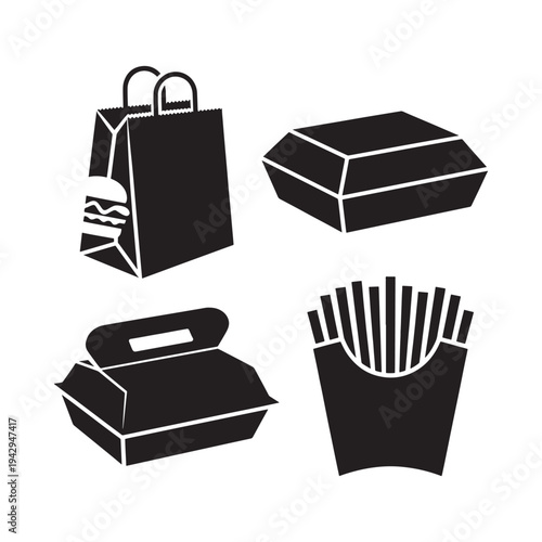 Black silhouette icons depicting various takeout food containers and fries