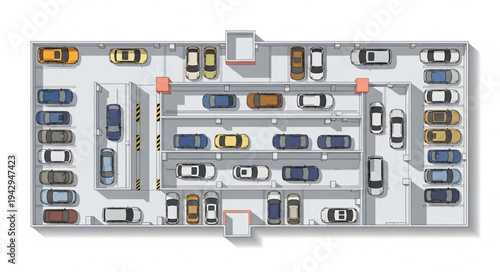 Aerial view of a busy multi-level parking garage filled with cars.