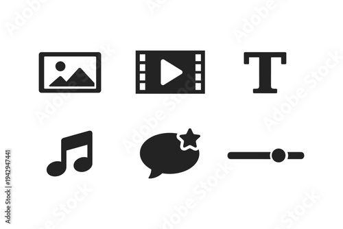 Collection of simple icons representing media editing tools and features