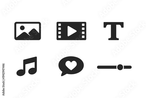 Collection of six simple, modern icons representing media and communication elements