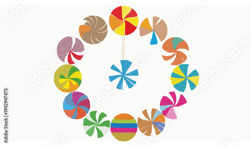 Bright round lollipops vector collection with colorful candy swirl sweets isolated on white background