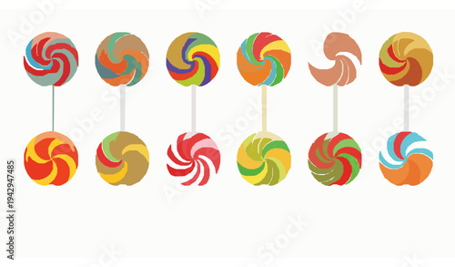 Colorful round lollipops vector set with thirteen bright swirl candy sweets isolated on white background
