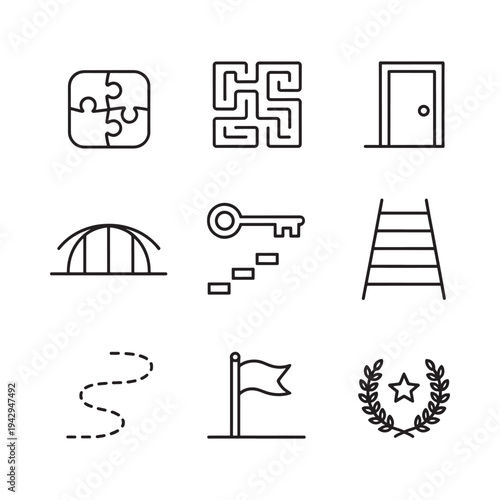 Minimalist line icons depicting puzzles paths keys and achievement symbols