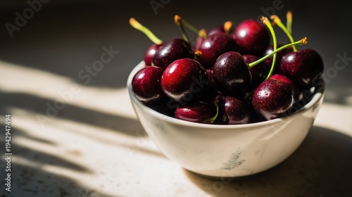 Fresh Ripe Cherries in White Bowl with Sunlight Shadow on Surface, Close-Up Image for Healthy Eating and Nature Photography
