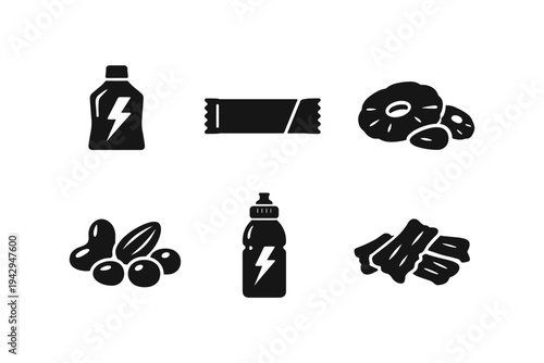 Collection of icons representing healthy snacks and drinks for energy and fitness