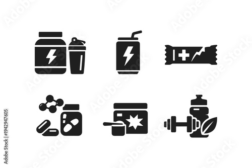 Collection of fitness and nutrition icons representing supplements and healthy lifestyle choices