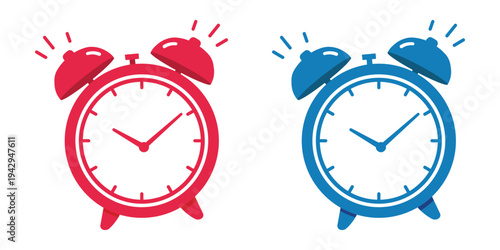 Ringing Alarm Clock Icon Set in Red and Blue – Flat Vector Illustration of Retro Twin Bell Clock, Wake Up Time, Morning Alarm Symbol Isolated on White Background