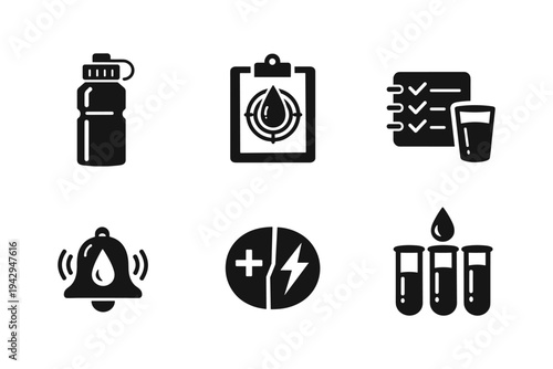 Set of icons representing health, hydration, and medical testing concepts