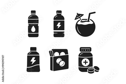Collection of health and wellness icons including drinks and supplements