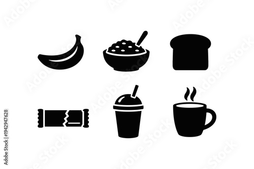 Collection of simple black icons representing breakfast food and drinks on a white background