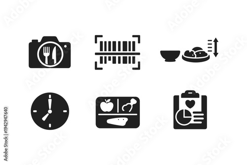 Set of icons representing food tracking, health monitoring, and meal planning concepts
