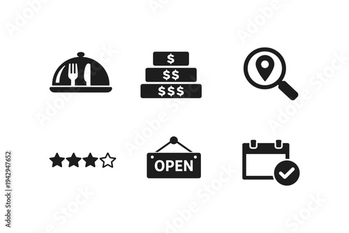 Collection of icons representing restaurant services, pricing, location, reviews, and scheduling