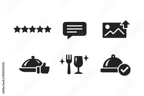 Collection of restaurant and service icons including stars, chat, upload, food, and checkmark