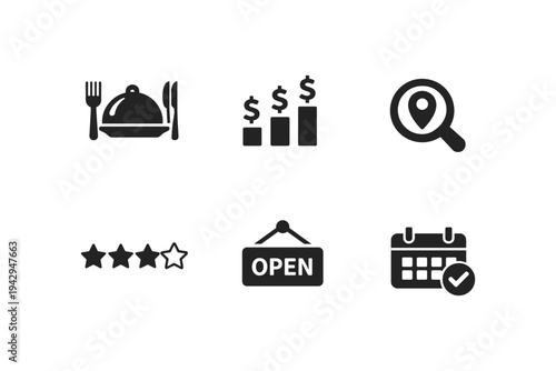 Collection of icons representing restaurant business concepts like dining, finance, location, and reviews