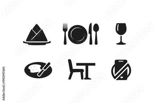 Collection of restaurant and dining icons including food, table, and no phone symbol