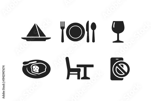 Collection of restaurant and dining icons including food, drink, and table settings
