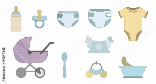 Infant care supplies vector set baby accessories feeding items illustration