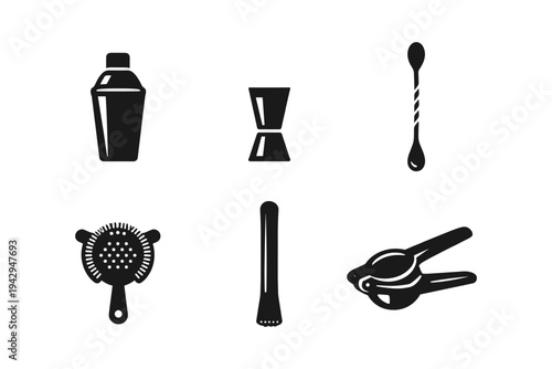 Collection of essential bar tools for cocktail making, presented as black icons on white