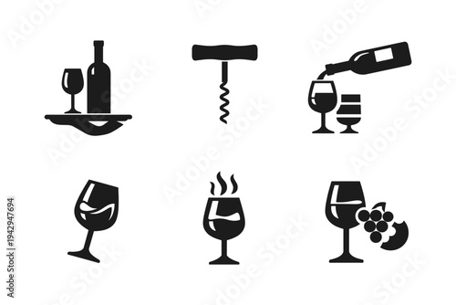 Collection of wine and bar icons including bottle, glass, corkscrew, and grapes
