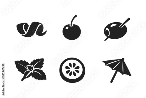 Collection of six simple black icons representing cocktail garnishes and ingredients