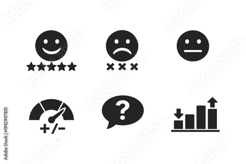 Customer feedback icons: happy, sad, neutral faces, gauge, question, and graph
