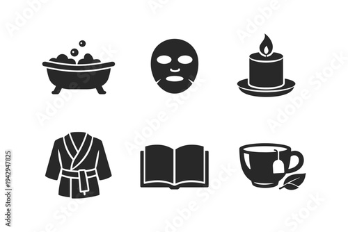 Relaxation and self-care icons: bath, face mask, candle, robe, book, and tea