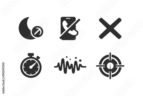 Collection of six modern flat icons representing common digital and operational functions