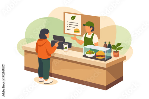 Customer ordering food at a restaurant counter with a cashier.