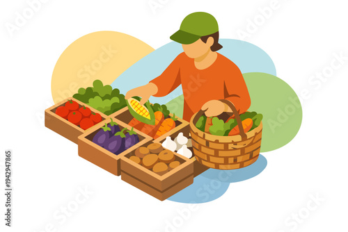 Farmer selling fresh produce at a market stall.
