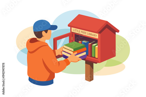 Man placing books into a little free library box.