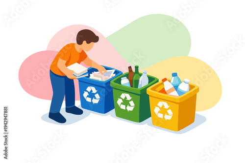 Man sorting recyclables into colored bins for environmental protection.