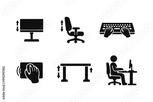 Ergonomic workspace icons showing adjustable monitor, chair, desk, and computer use