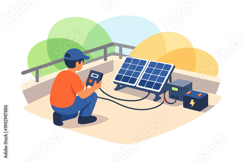 Man checks solar panel system with tablet device.