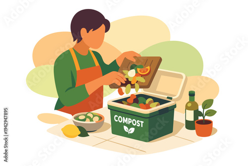 Person composting food scraps in a green bin.