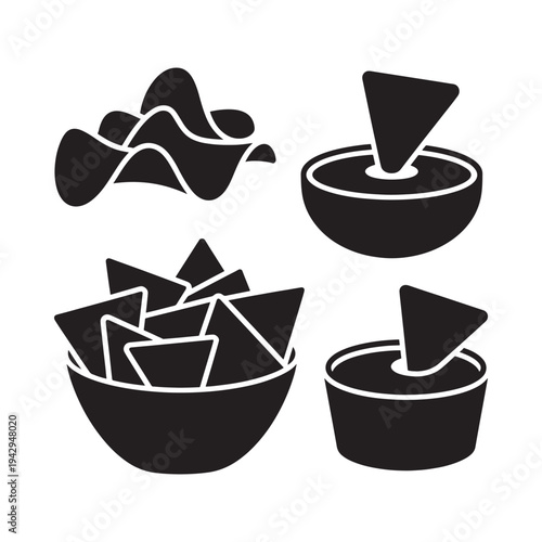 Black and white illustration of tortilla chips with various dips and bowls
