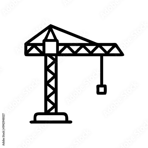 A tower crane lifting a load with a suspended hook and cable system isolated on white background, Vector