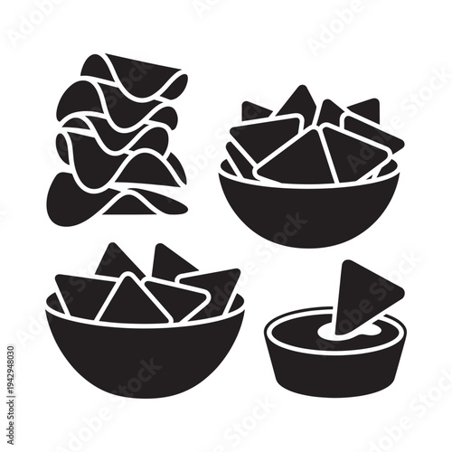 Black silhouette illustration of tortilla chips in various bowls