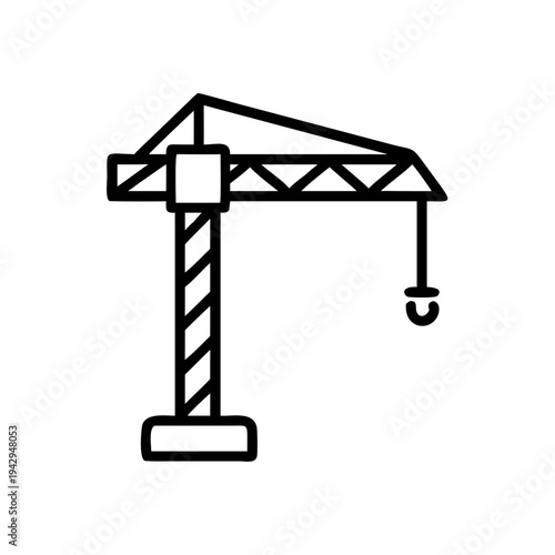 A tower crane lifting a load with its extended arm and hook isolated on white background, Vector