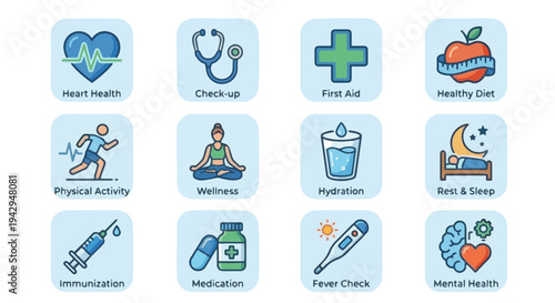 A set of medical icons illustrating various health and wellness concepts