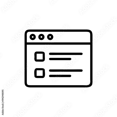 Simple window interface displaying a checklist with two items and three navigation dots isolated on white background, Vector