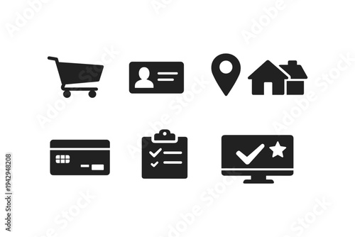 Collection of modern flat icons representing shopping, identity, location, and online services