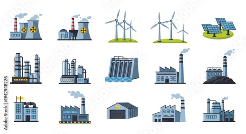 Collection of industrial buildings and renewable energy sources.