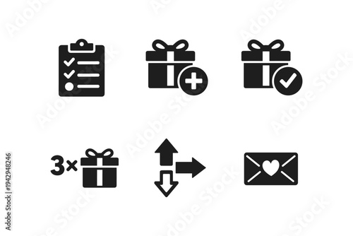 Collection of icons representing shopping, gifts, and communication on a white background