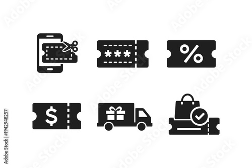 Collection of discount and coupon icons representing various offers and services