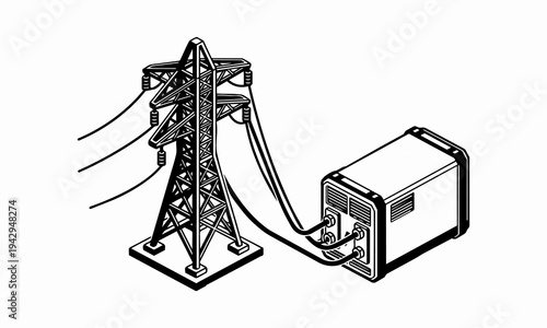 Isometric Power Transmission Tower Connected to Battery Storage Unit Illustration