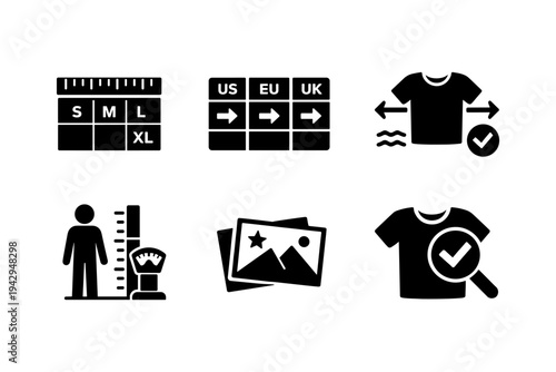 Collection of icons representing clothing size, measurement, and quality checks